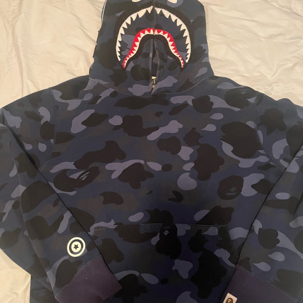 A Bathing Ape Blue and Black Camouflage pull over hoodie . Size medium